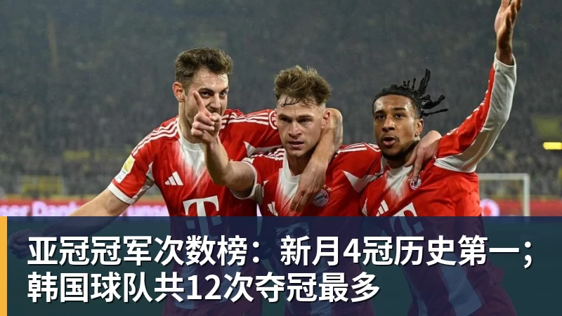彩神v亚冠冠军次数榜:新月4冠历史第一;韩国球队共12次夺冠最多